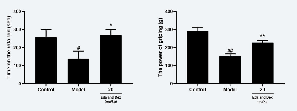 神经职能药效学调查：C 转棒滞留功夫；D 抓握力（mean±SEM）.jpg
